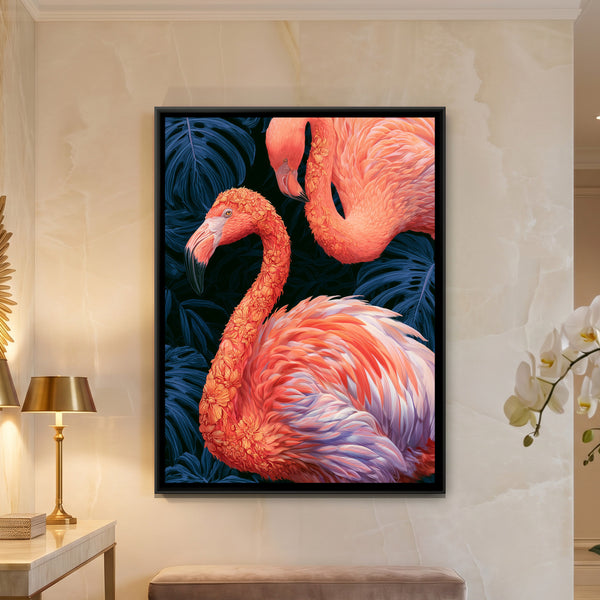 Flamingo Pair — framed canvas art hung on a wall