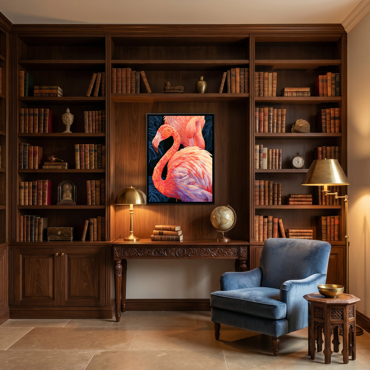 Flamingo Pair — canvas art shown in a styled room