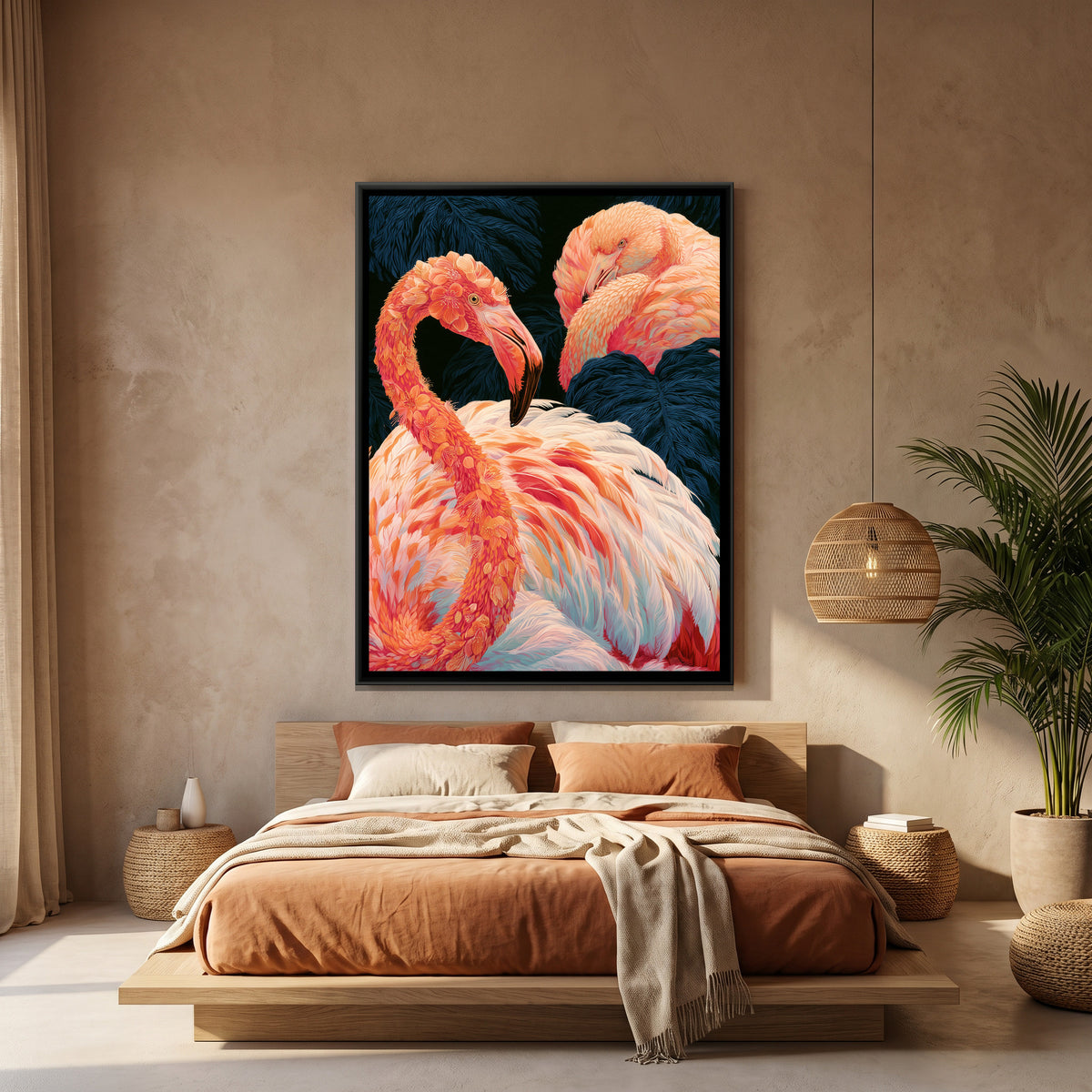 Flamingo Pair — canvas art shown in a second room setting
