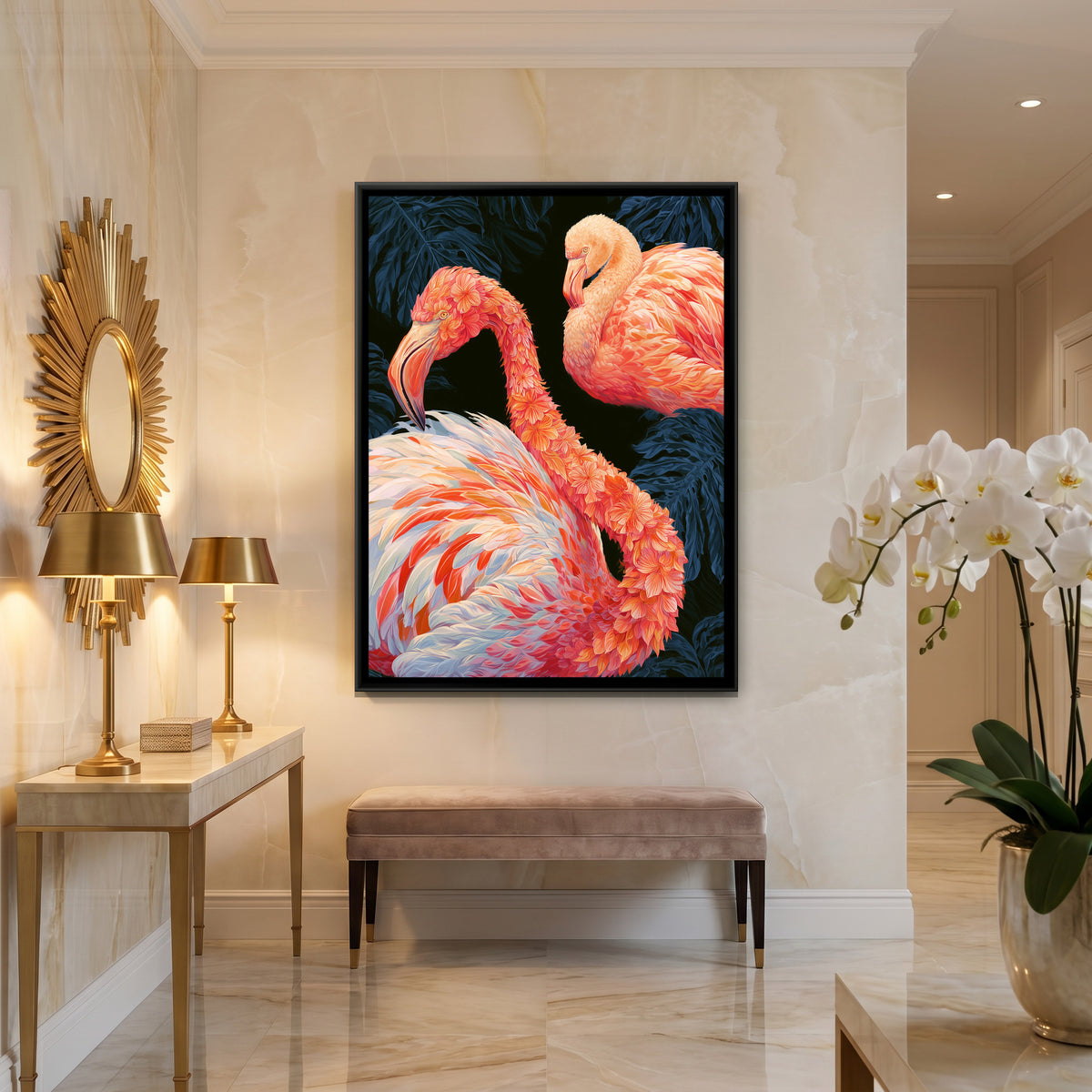 Flamingo Pair — canvas art shown in a second room setting
