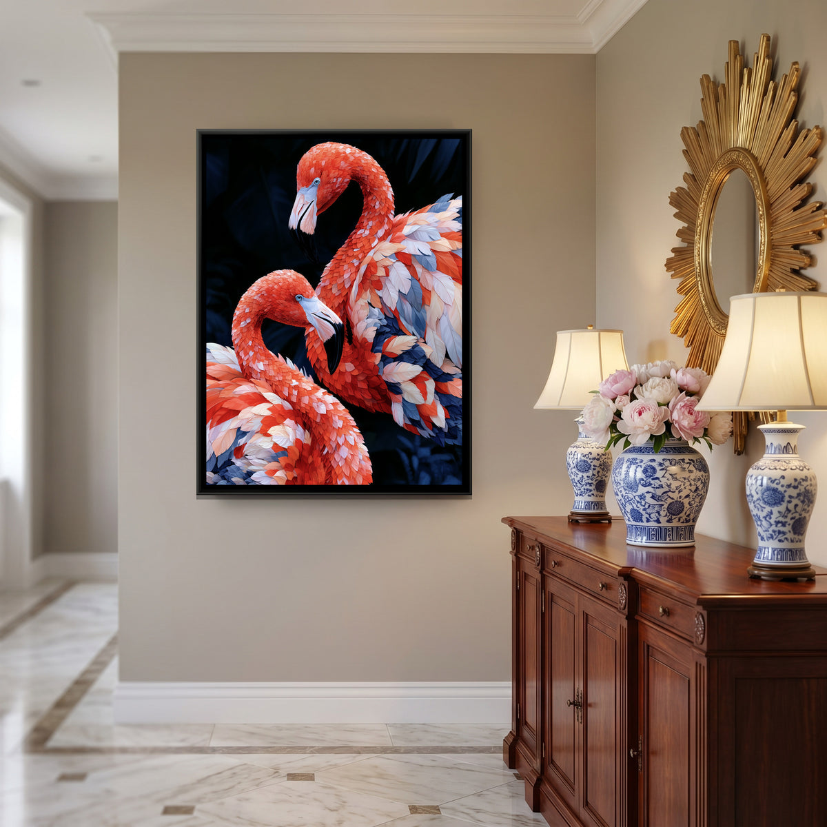 Flamingo Pair — canvas art shown in a second room setting