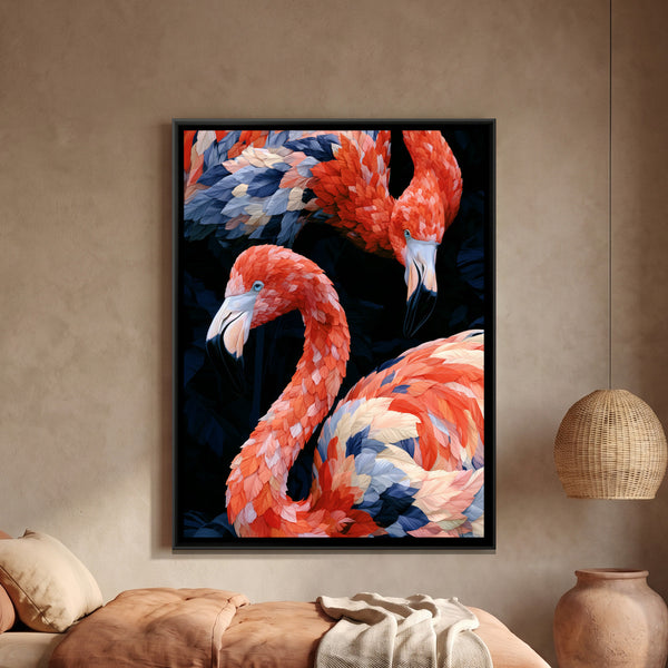Flamingo Pair — framed canvas art hung on a wall