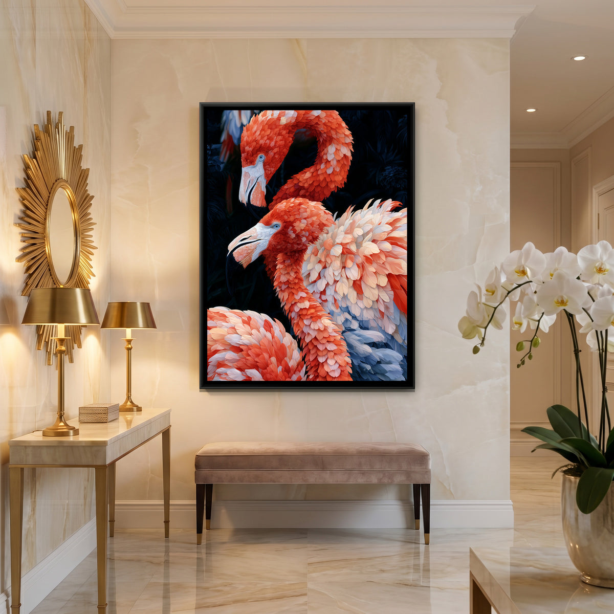 Flamingo Pair — canvas art shown in a styled room