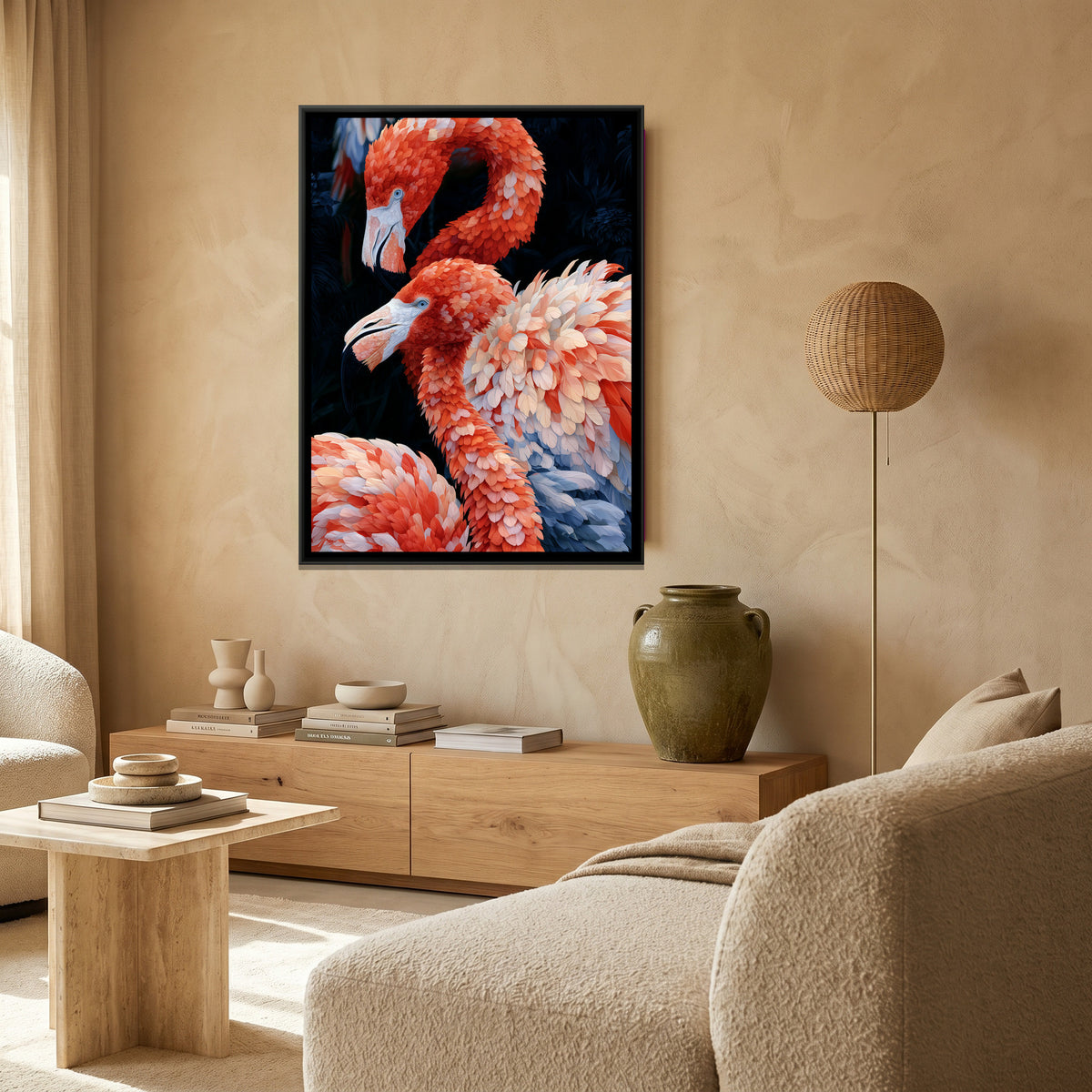 Flamingo Pair — canvas art shown in a second room setting