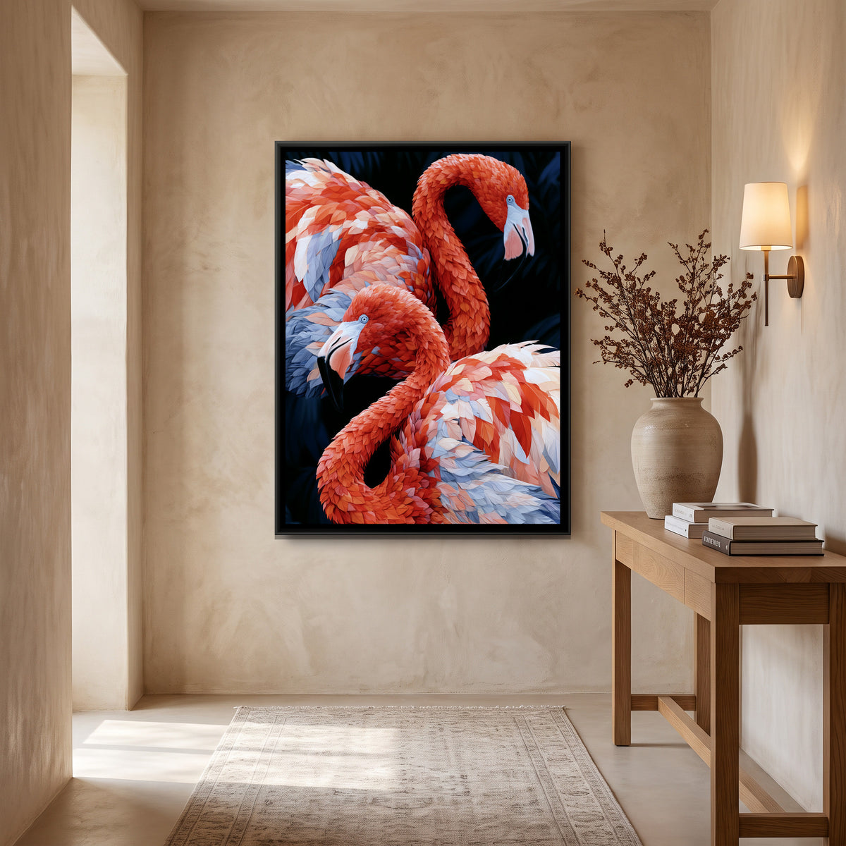 Flamingo Pair — canvas art shown in a second room setting