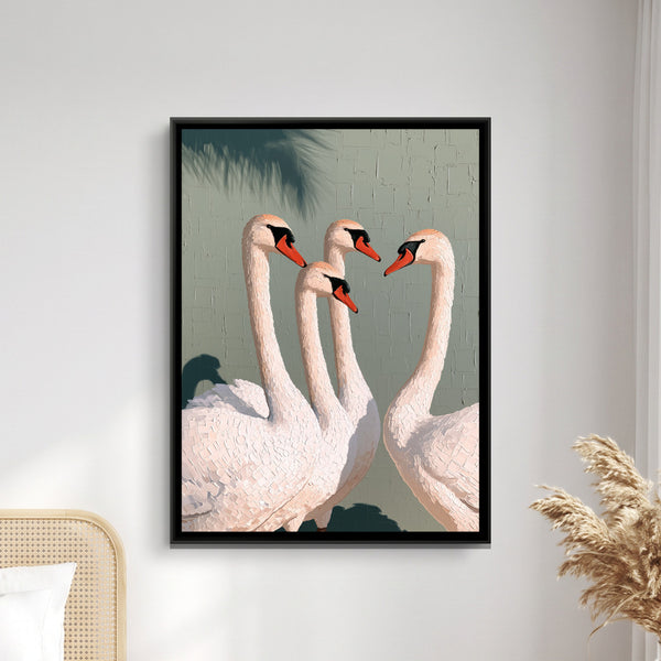 White Swans — framed canvas art hung on a wall