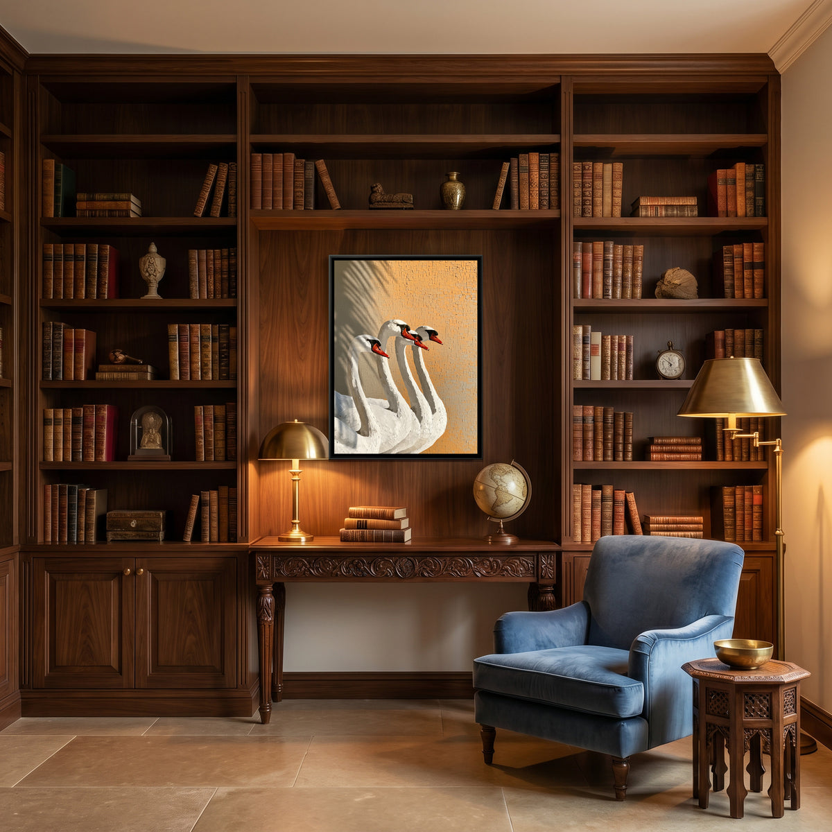 White Swans — canvas art shown in a styled room