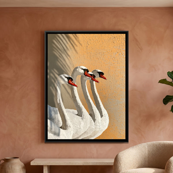 White Swans — framed canvas art hung on a wall