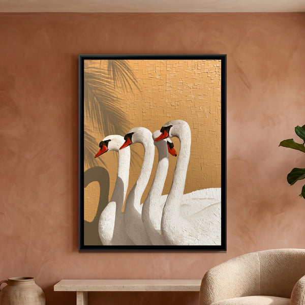 White Swans — framed canvas art hung on a wall