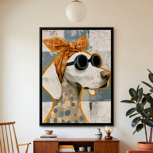 Dog in Sunglasses — framed canvas art hung on a wall