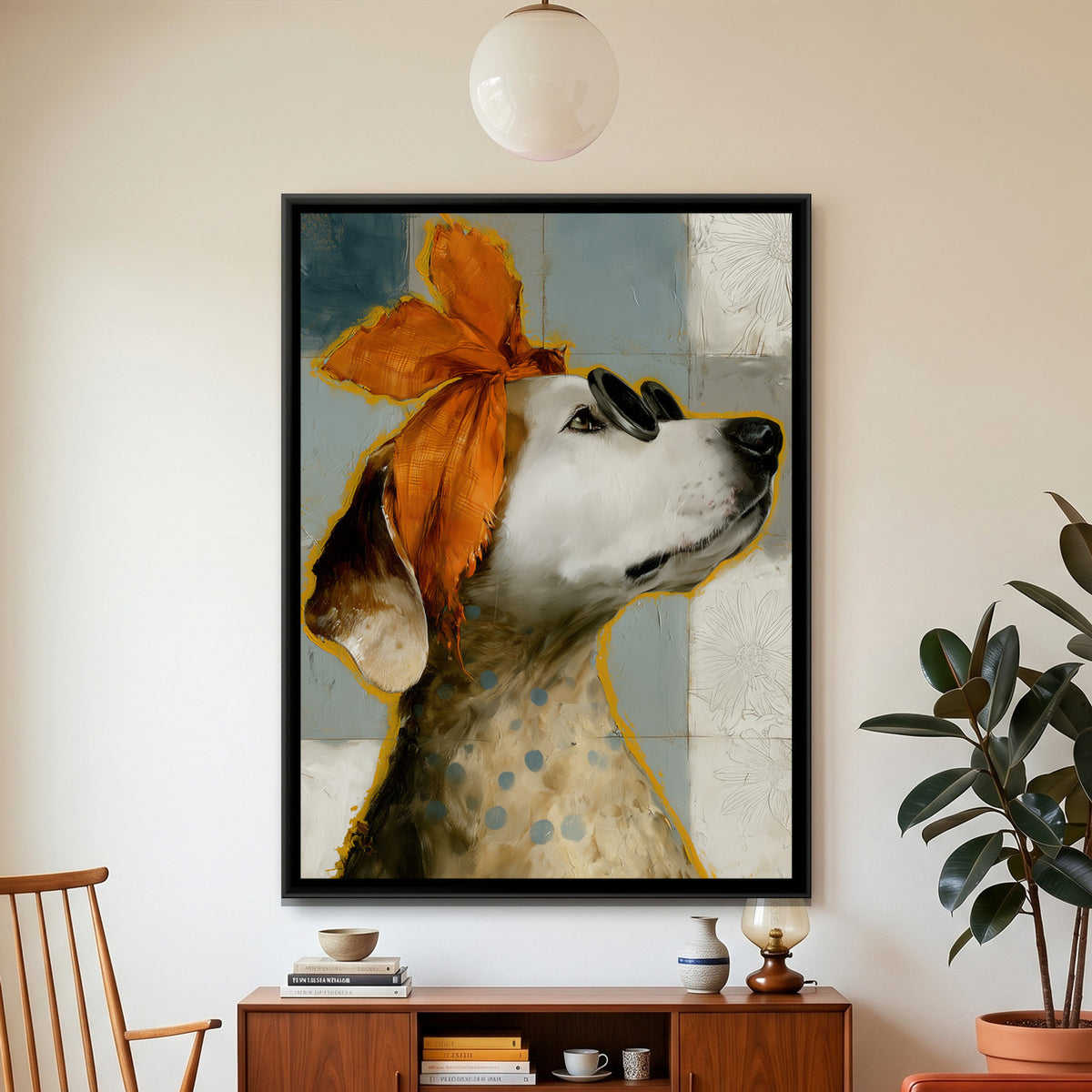 Dog in Sunglasses — framed canvas art hung on a wall
