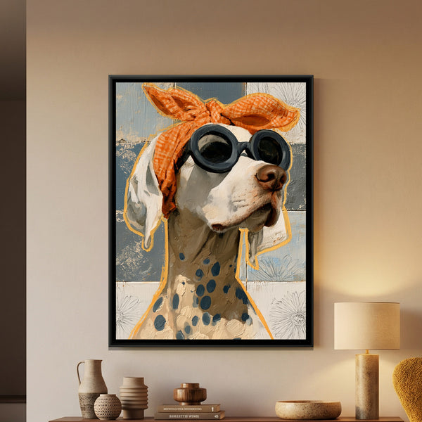 Dog in Sunglasses — framed canvas art hung on a wall