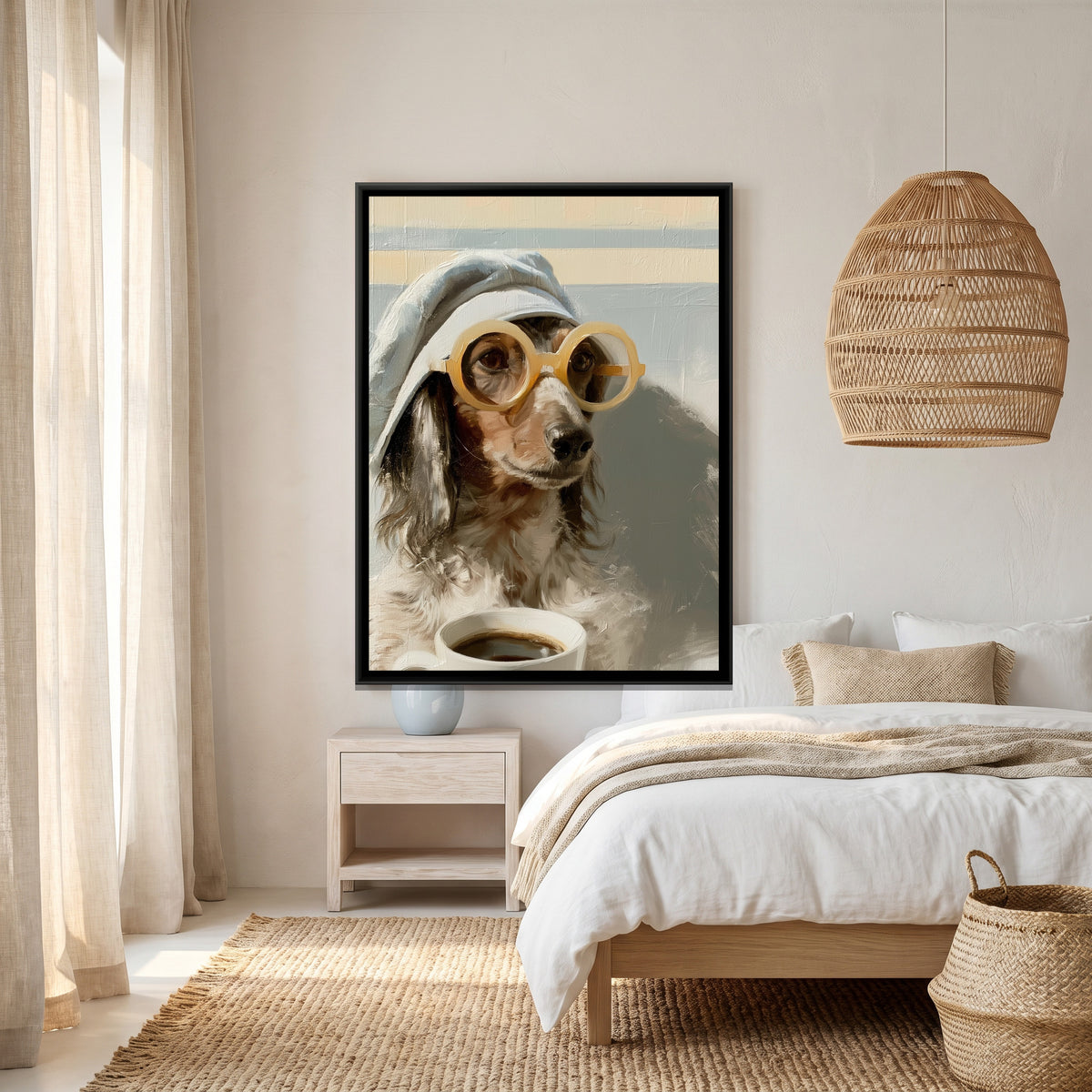 Dachshund with Coffee — canvas art shown in a second room setting