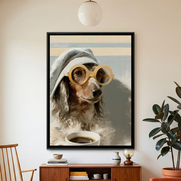 Dachshund with Coffee — framed canvas art hung on a wall