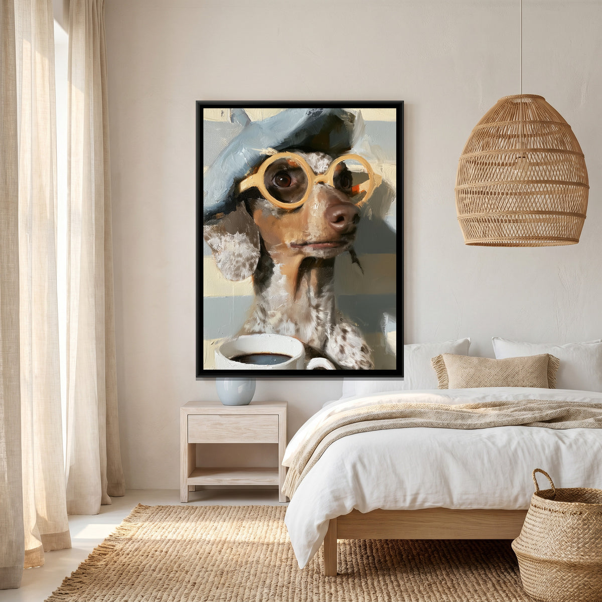Dachshund with Coffee — canvas art shown in a second room setting
