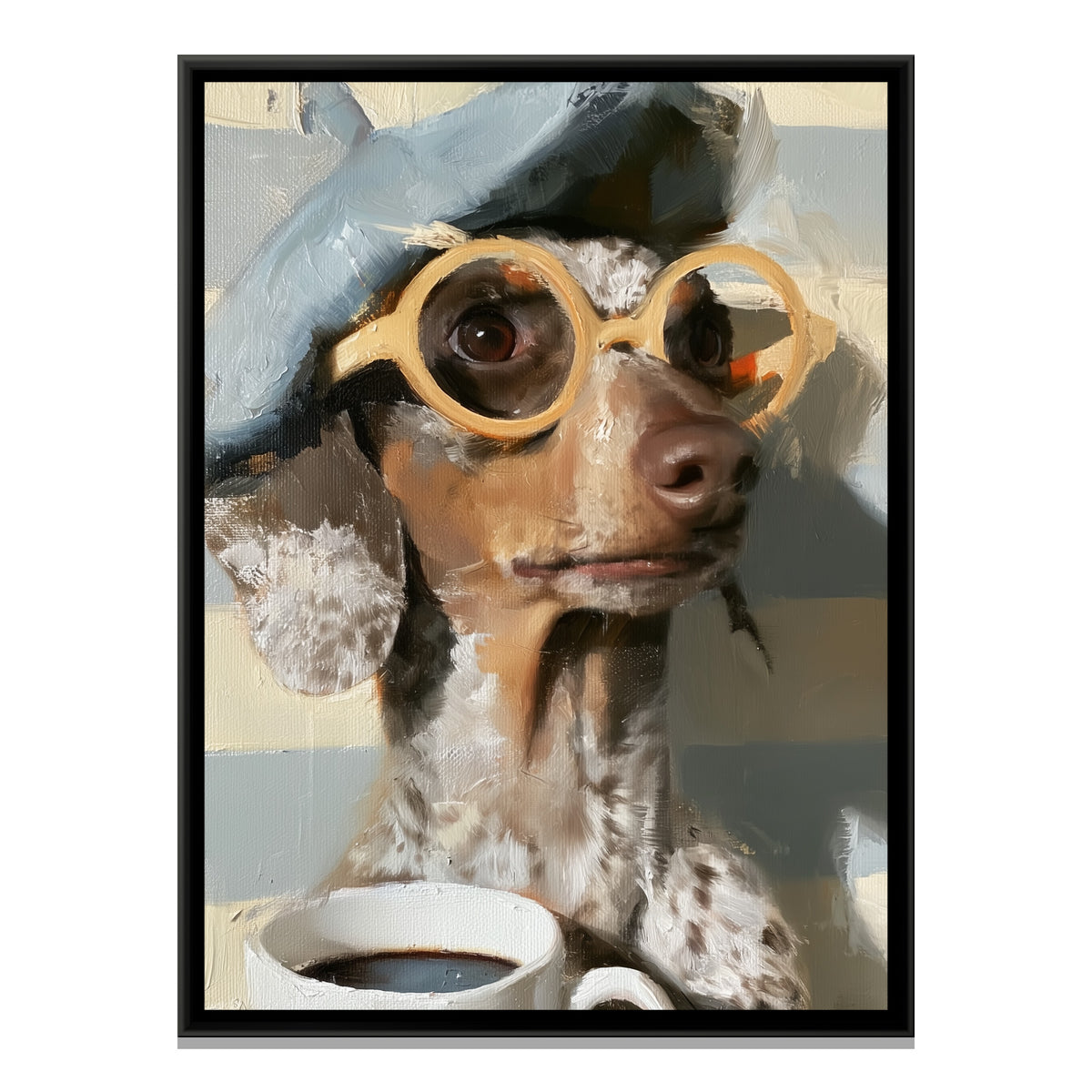 Dachshund with Coffee — framed canvas print, front view