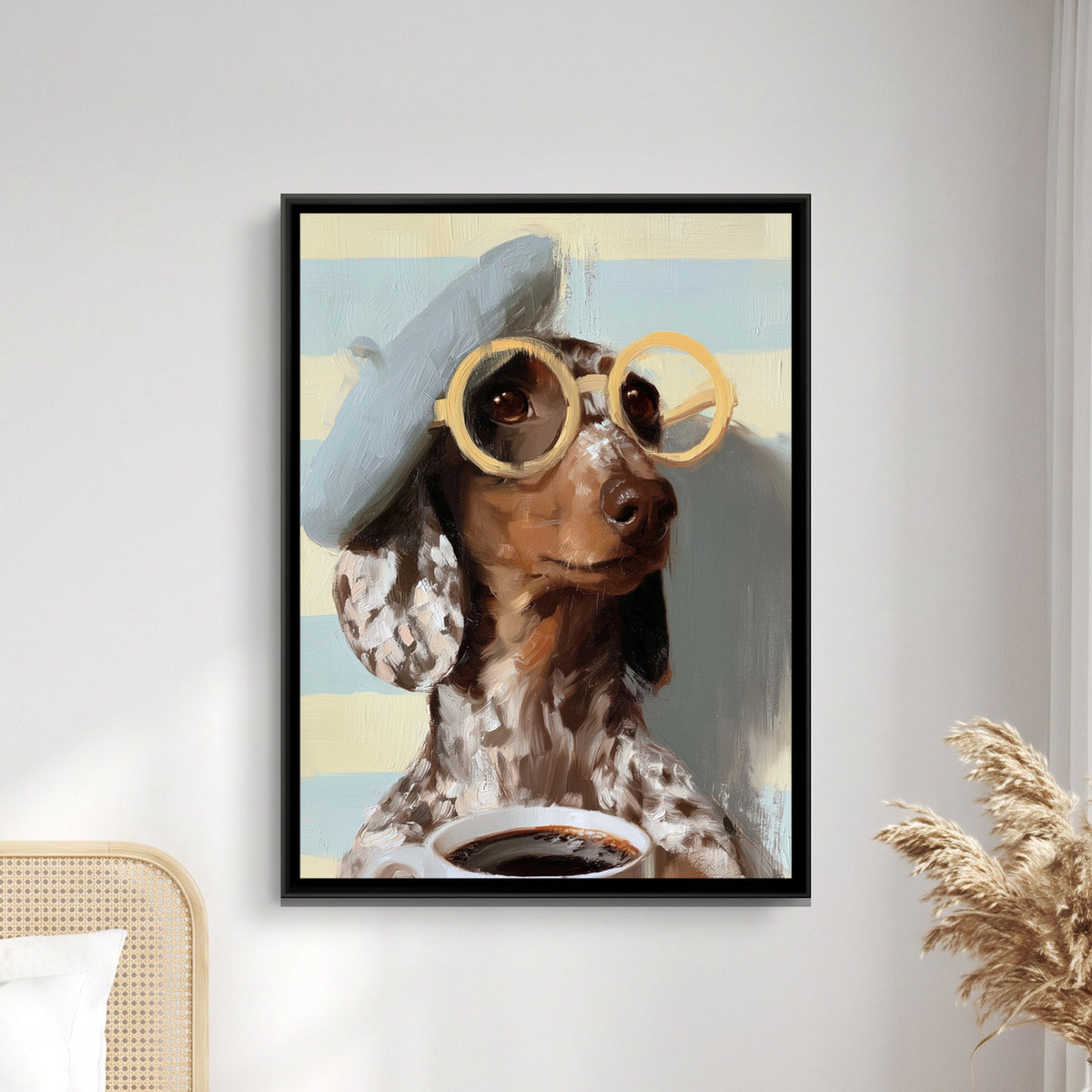 Dachshund with Coffee — framed canvas art hung on a wall