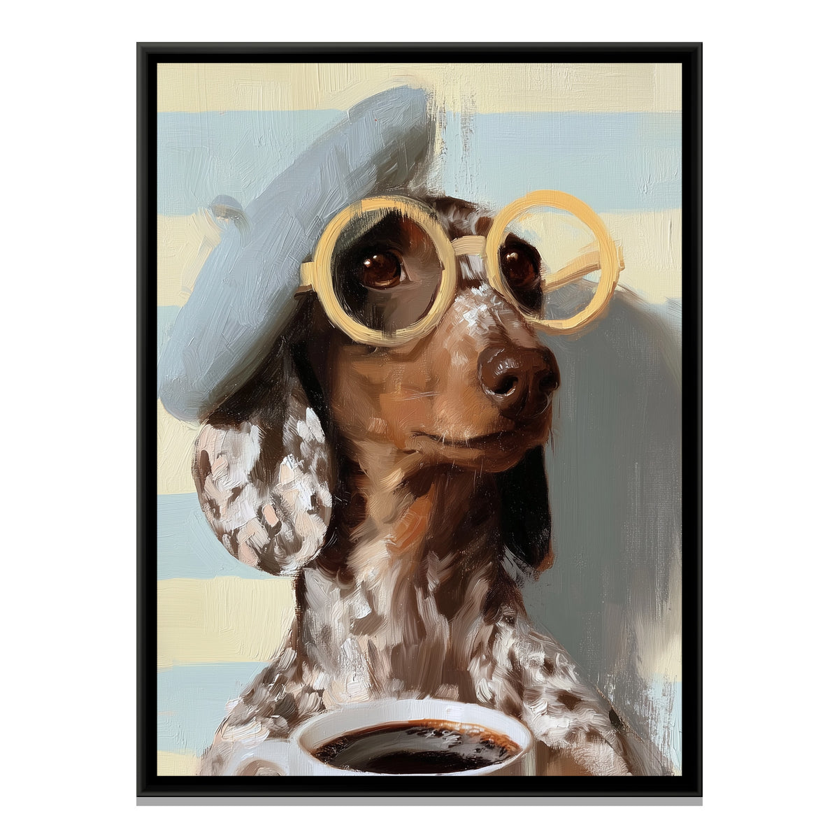 Dachshund with Coffee — framed canvas print, front view