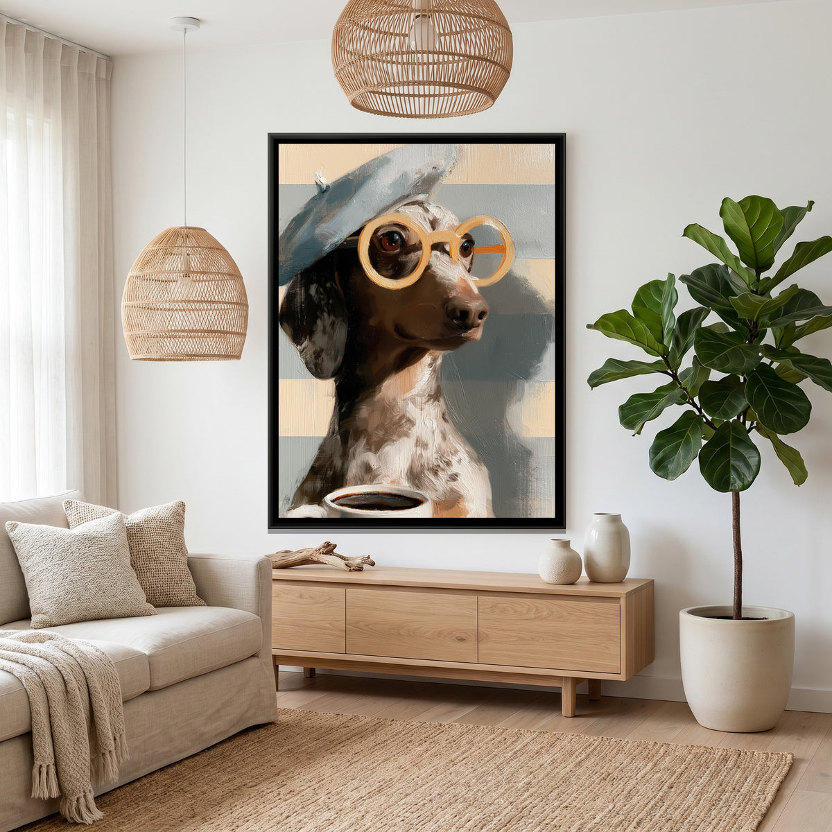 Dachshund with Coffee — canvas art shown in a second room setting