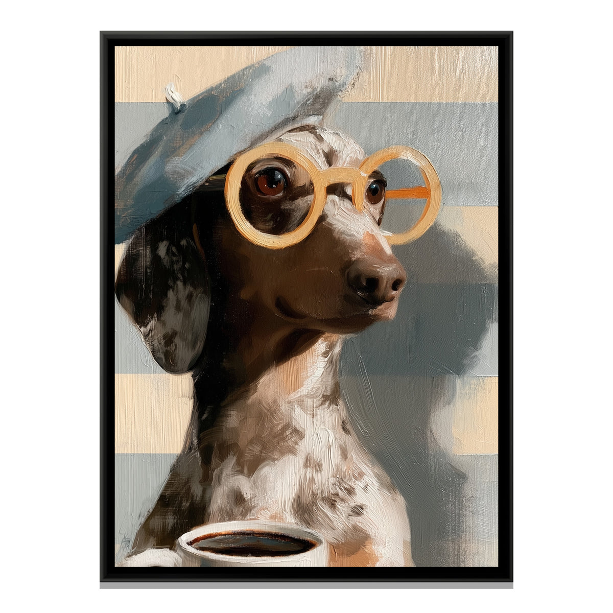Dachshund with Coffee — framed canvas print, front view