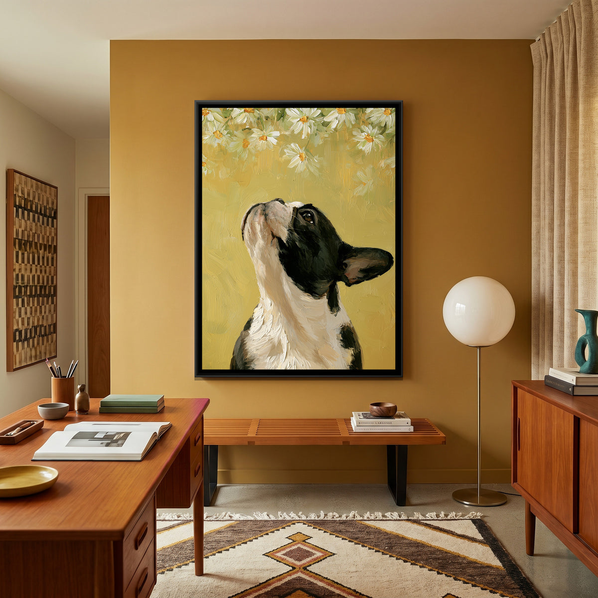 French Bulldog and Daisies — canvas art shown in a second room setting