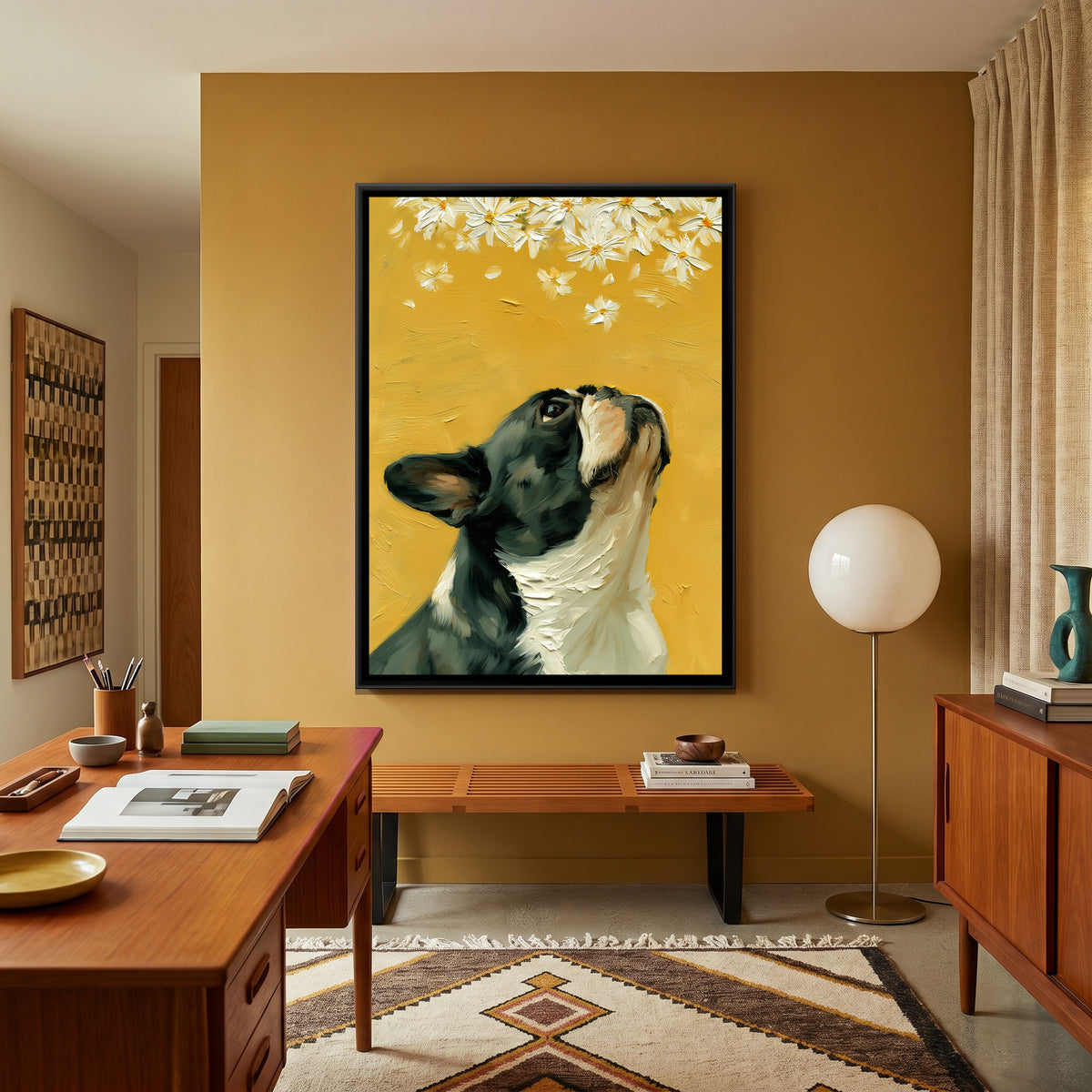 French Bulldog and Daisies — canvas art shown in a styled room
