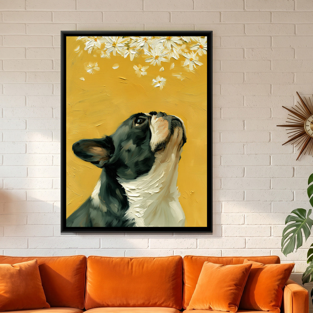 French Bulldog and Daisies — framed canvas art hung on a wall