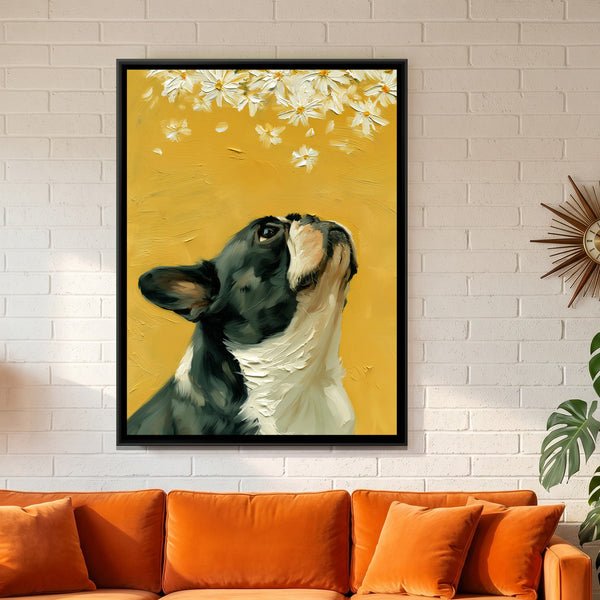 French Bulldog and Daisies — framed canvas art hung on a wall