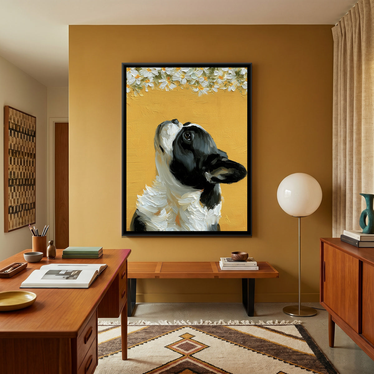 French Bulldog and Daisies — canvas art shown in a second room setting