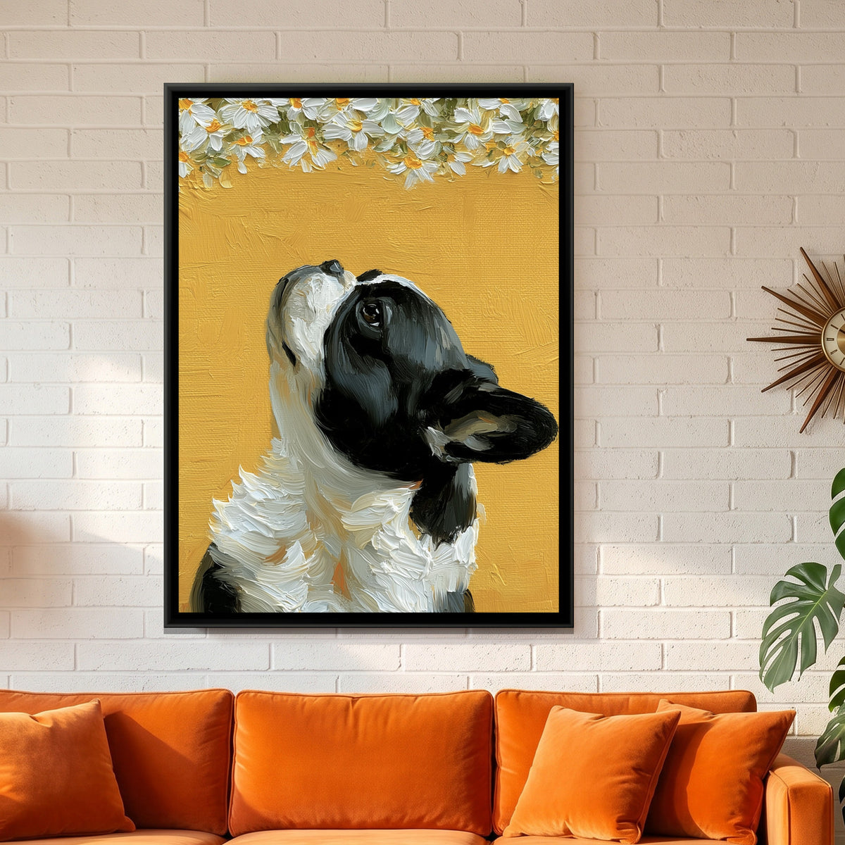 French Bulldog and Daisies — framed canvas art hung on a wall