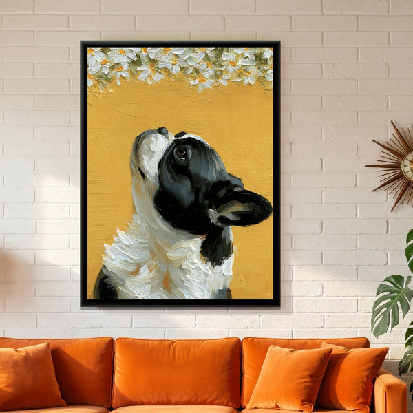French Bulldog and Daisies — framed canvas art hung on a wall