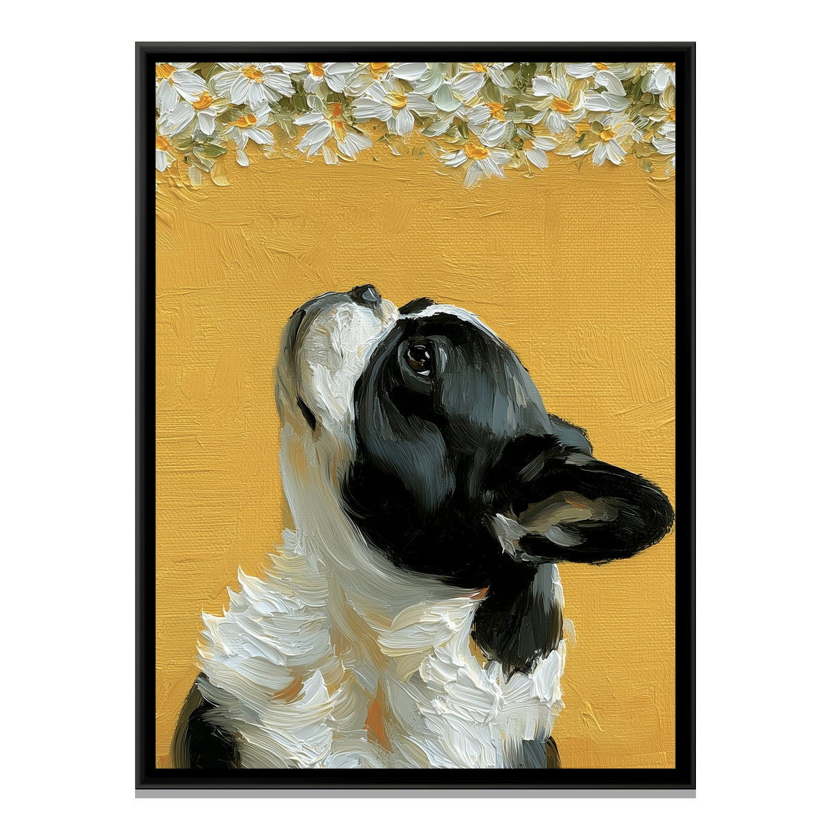 French Bulldog and Daisies — framed canvas print, front view