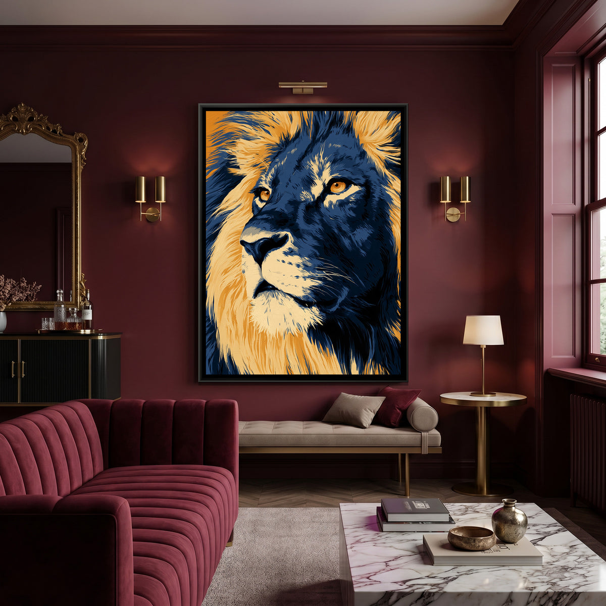 Lion Face — canvas art shown in a second room setting