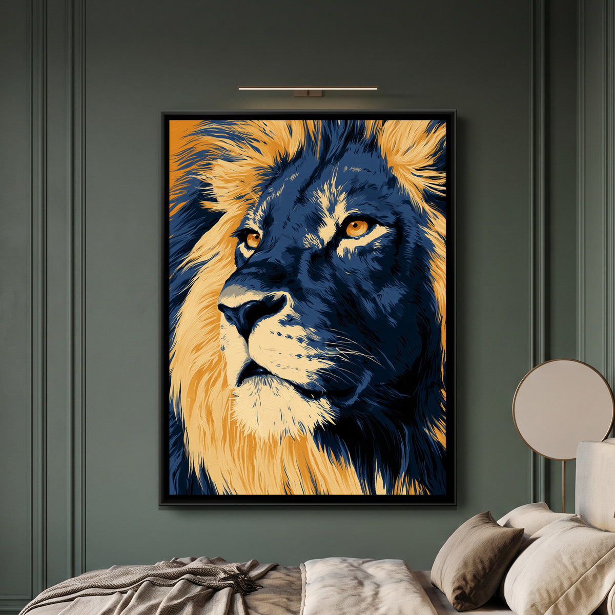Lion Face — framed canvas art hung on a wall