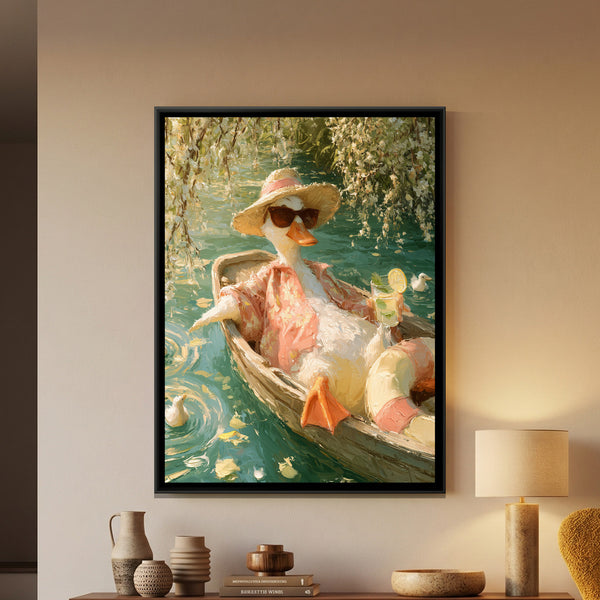 Duck in a Boat — framed canvas art hung on a wall