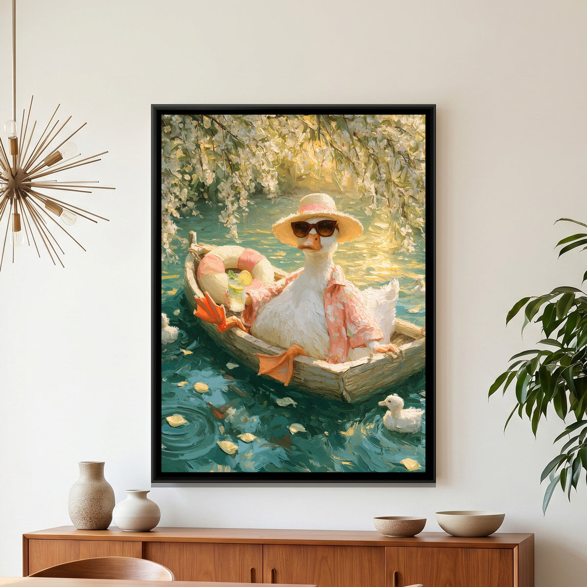 Duck in a Boat — framed canvas art hung on a wall