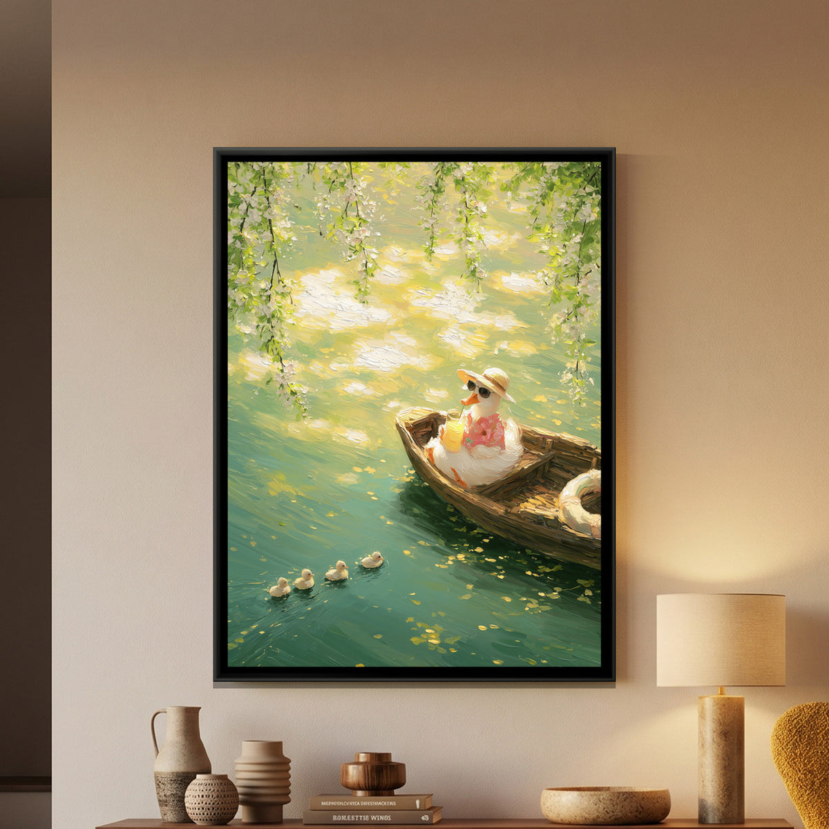 Duck in a Boat — framed canvas art hung on a wall