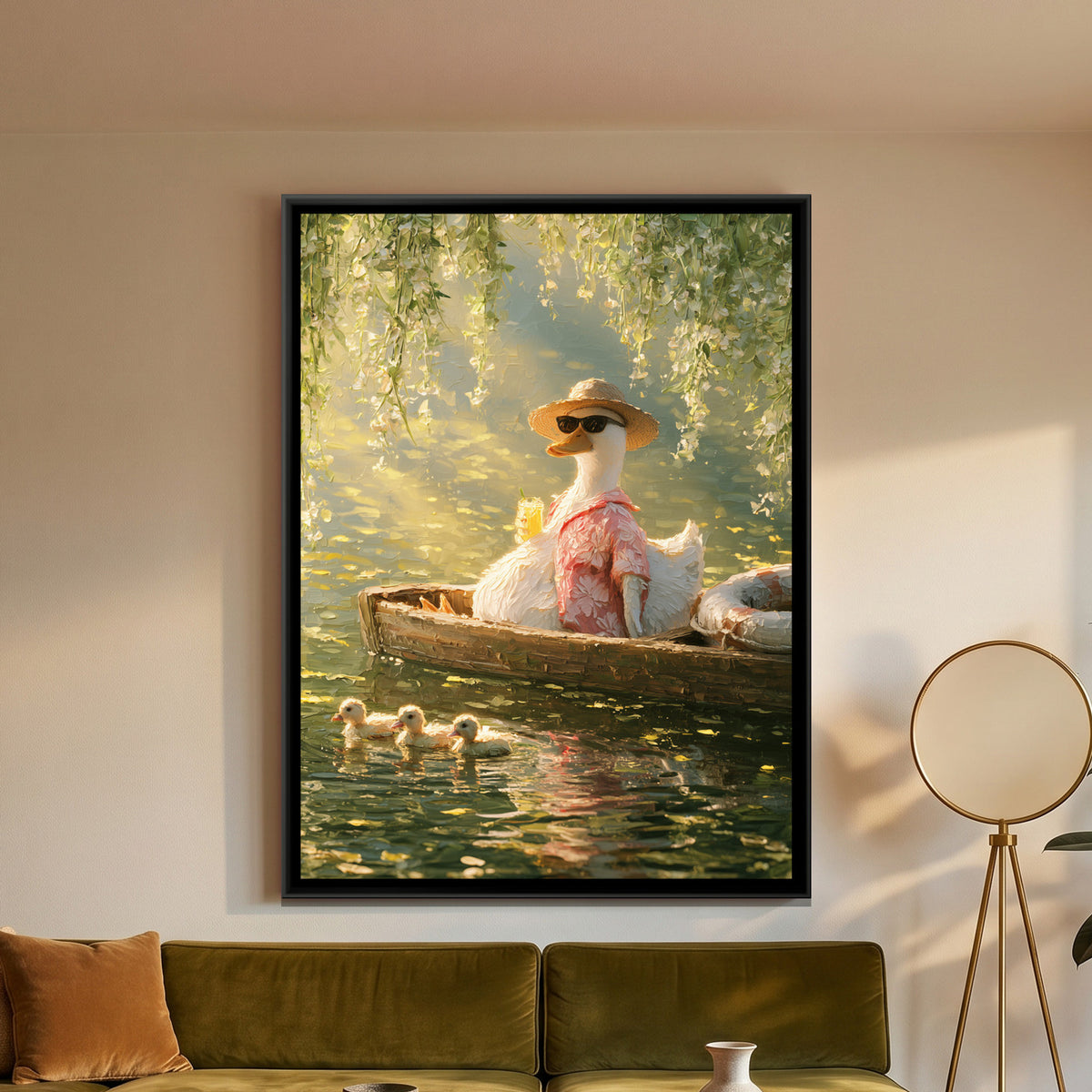 Duck in a Boat — framed canvas art hung on a wall