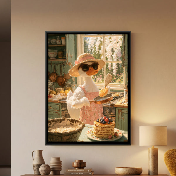 Duck Cooking Pancakes — framed canvas art hung on a wall