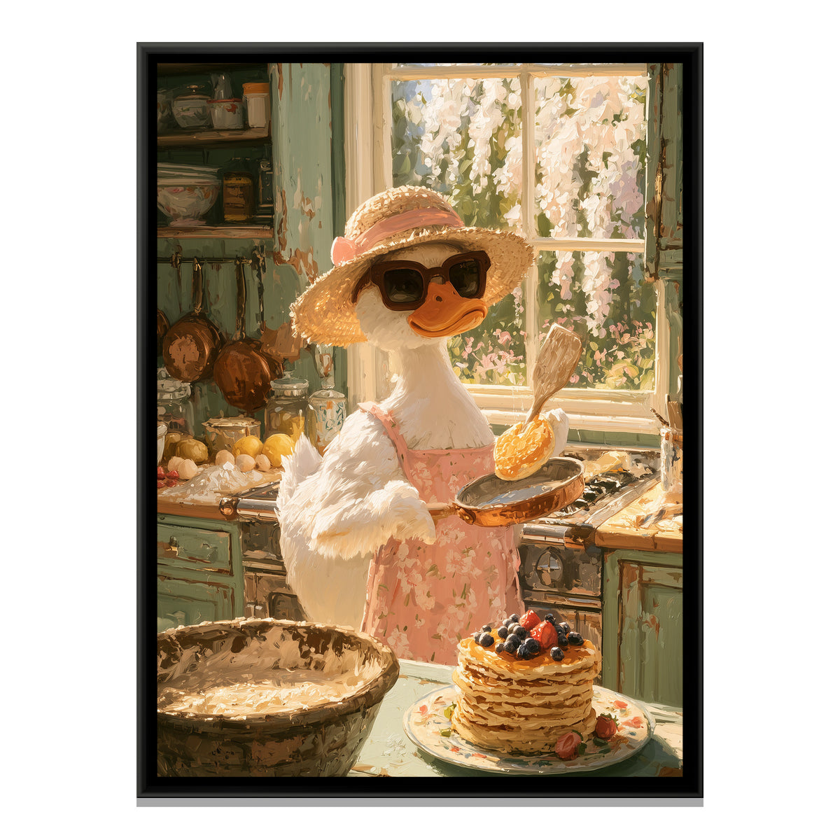 Duck Cooking Pancakes — framed canvas print, front view