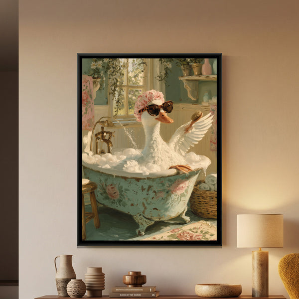 Duck in a Bathtub — framed canvas art hung on a wall