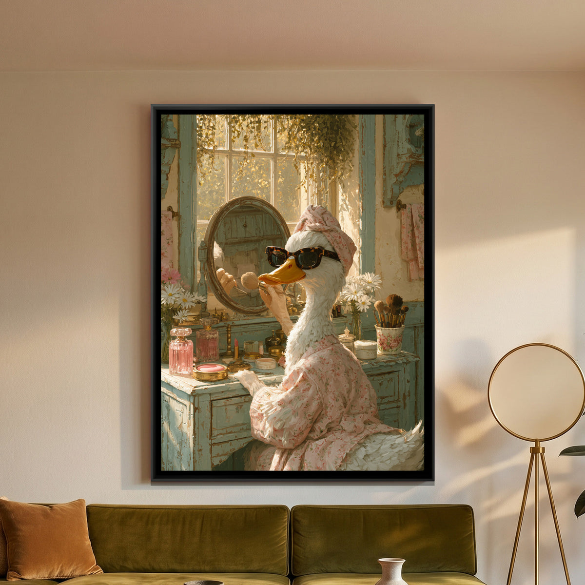Duck at the Vanity — framed canvas art hung on a wall
