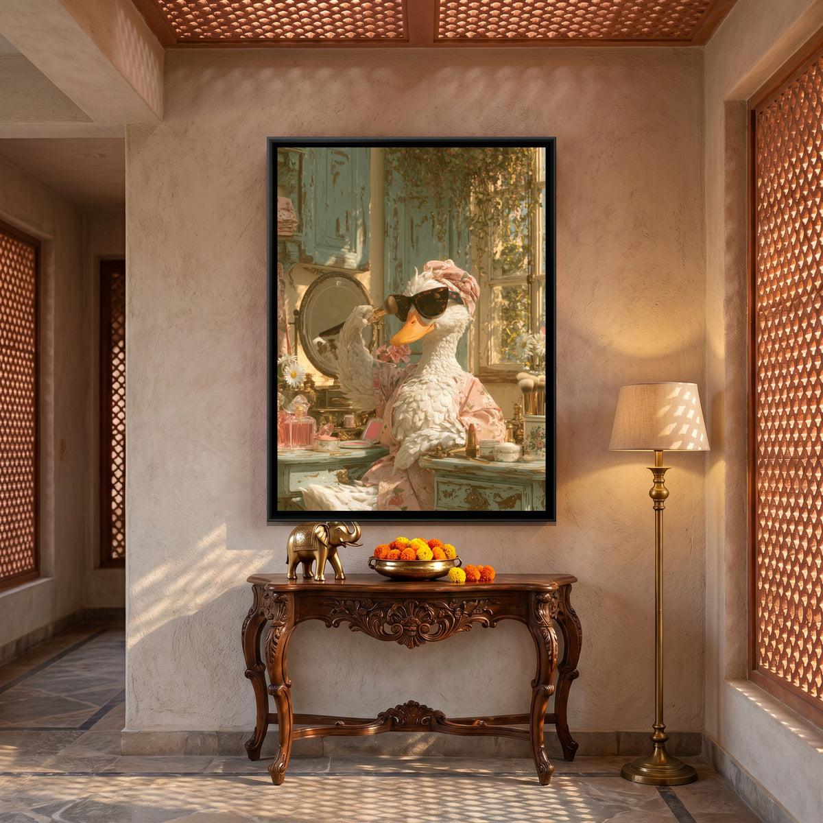Duck at the Vanity — canvas art shown in a styled room