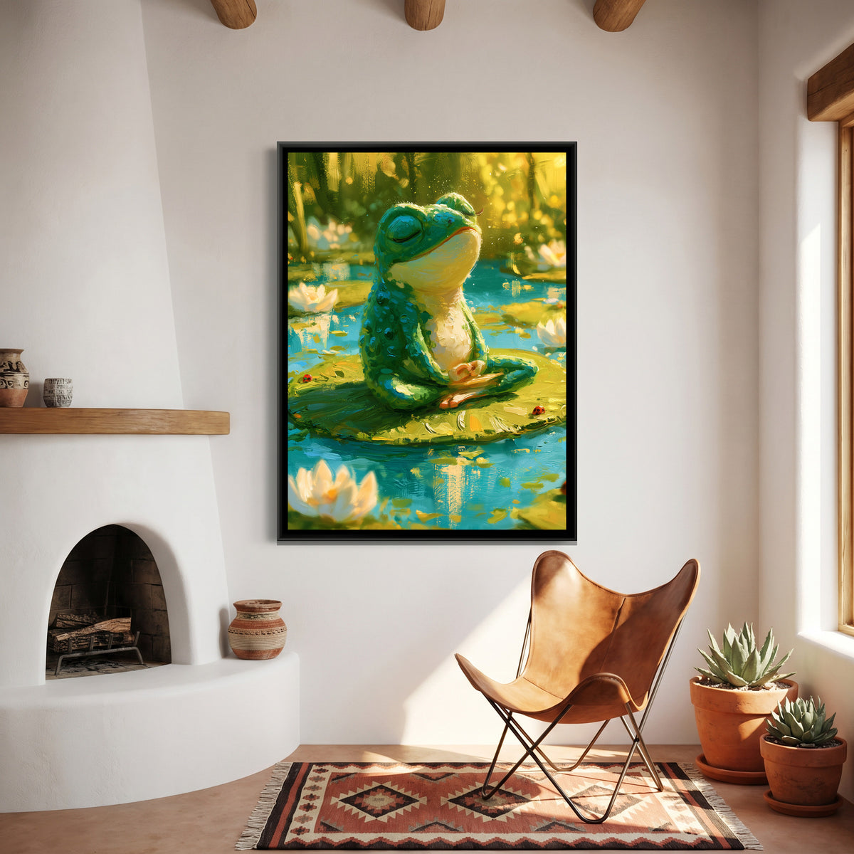 Yoga Frog — canvas art shown in a second room setting