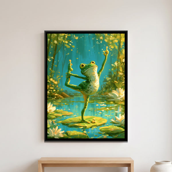 Yoga Frog — framed canvas art hung on a wall