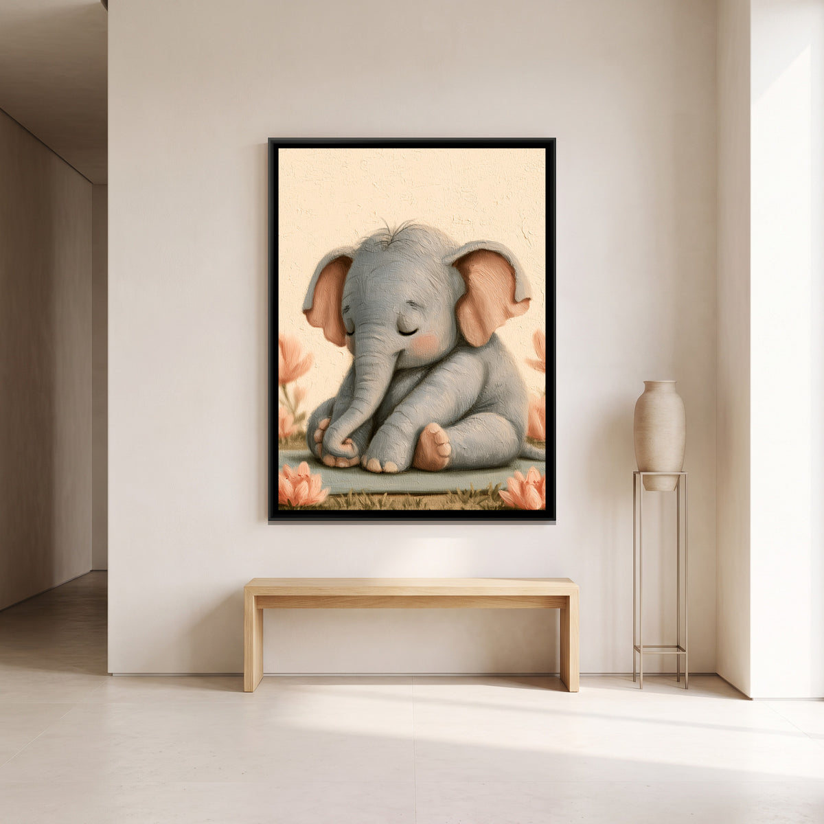 Yoga Elephant — canvas art shown in a styled room