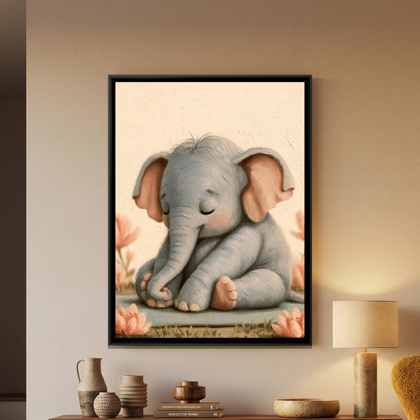 Yoga Elephant — framed canvas art hung on a wall