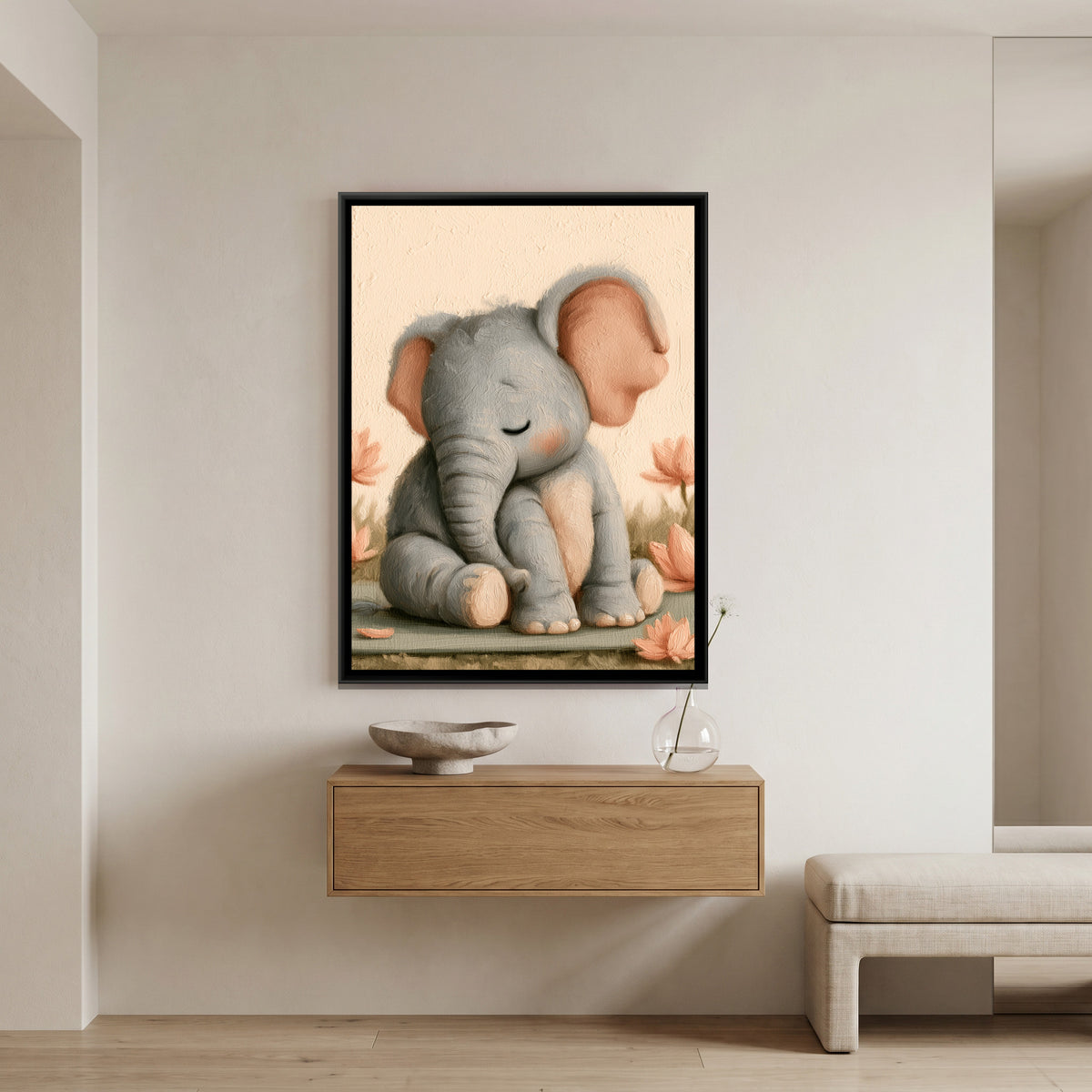 Yoga Elephant — canvas art shown in a styled room
