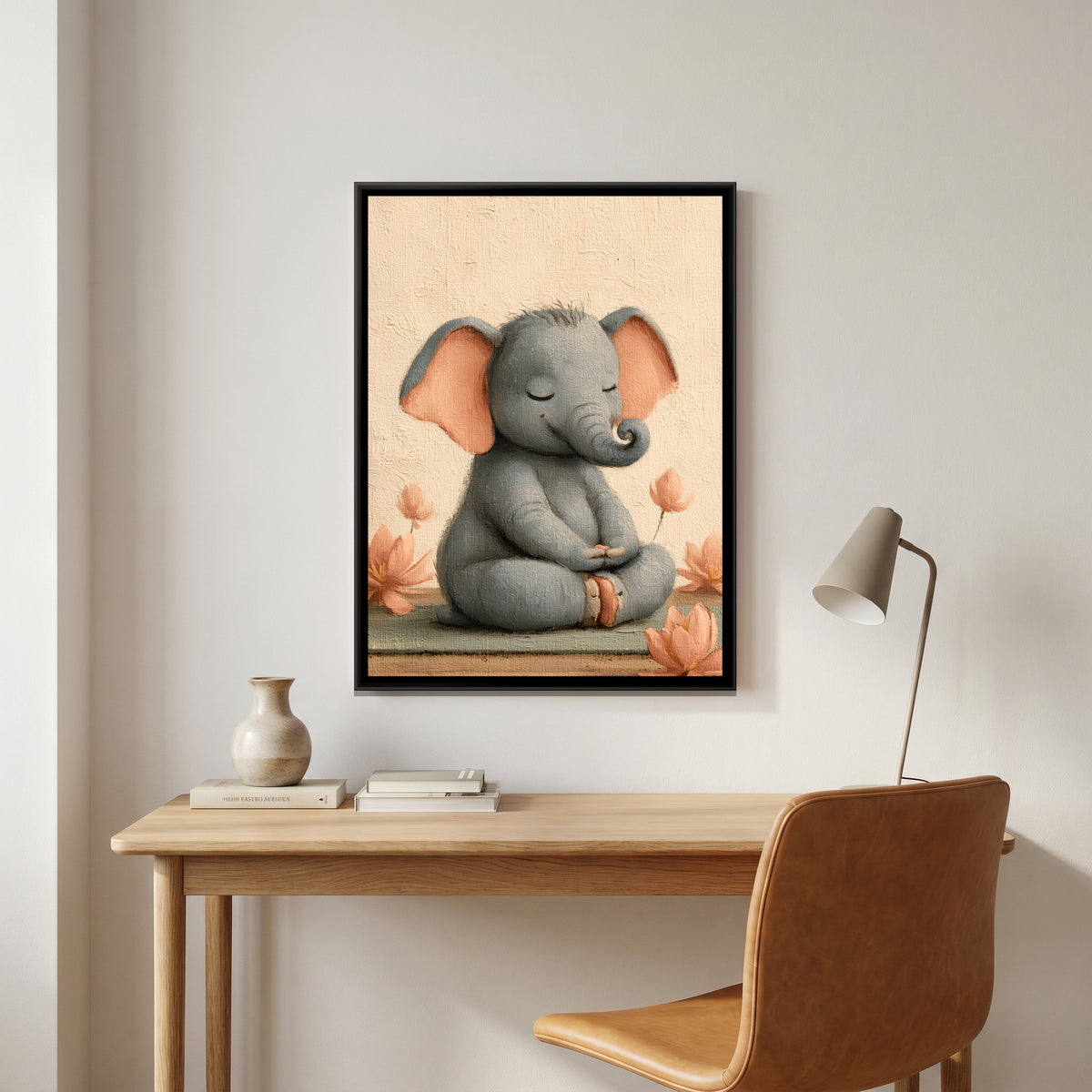 Yoga Elephant — canvas art shown in a styled room
