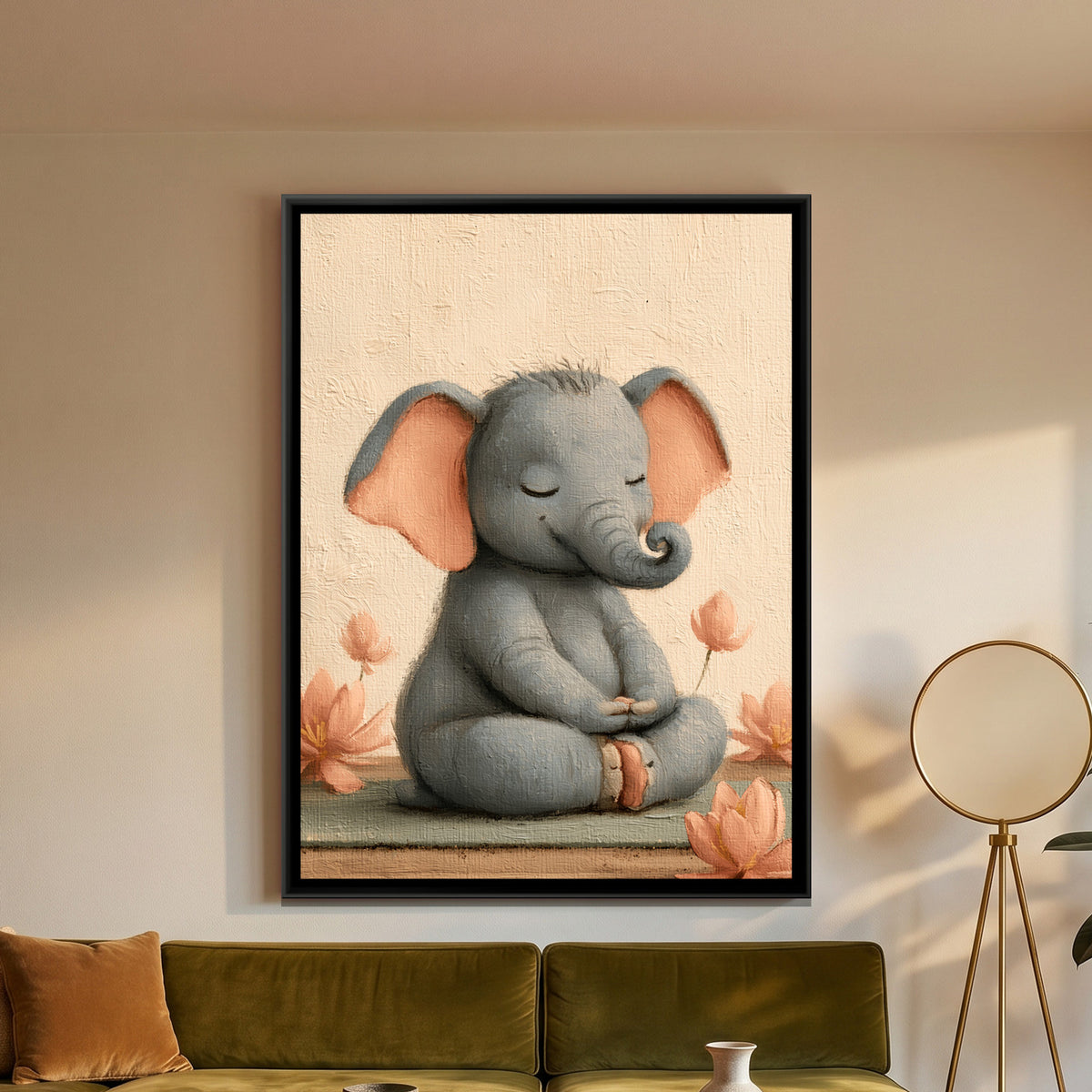 Yoga Elephant — framed canvas art hung on a wall